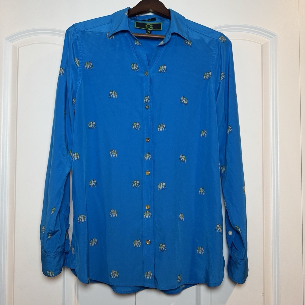 C Wonder Blouse Women's 100% Silk‎ Long Sleeve Button Down Shirt Large Elephants